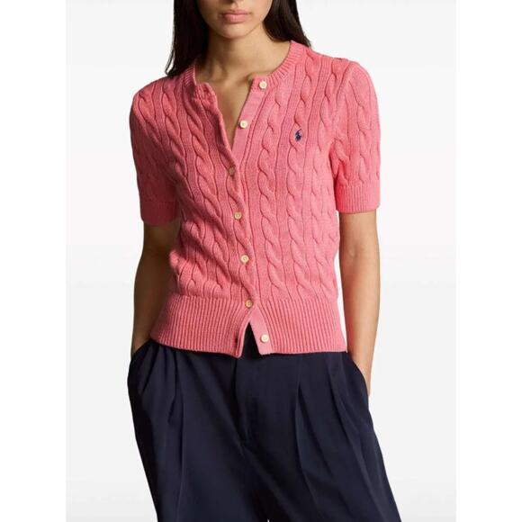 Polo Ralph Lauren Womens Cable Knit Short Sleeve Cardigan Pink Sweater Size L - Picture 1 of 9